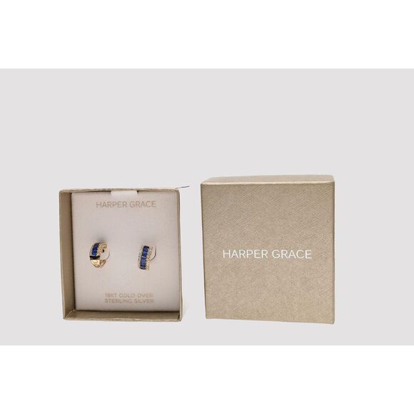 NIB 18K Gold over 925 SS Vermeil Harper Grace Hoop Earrings w/ Blue Glass - Picture 6 of 7